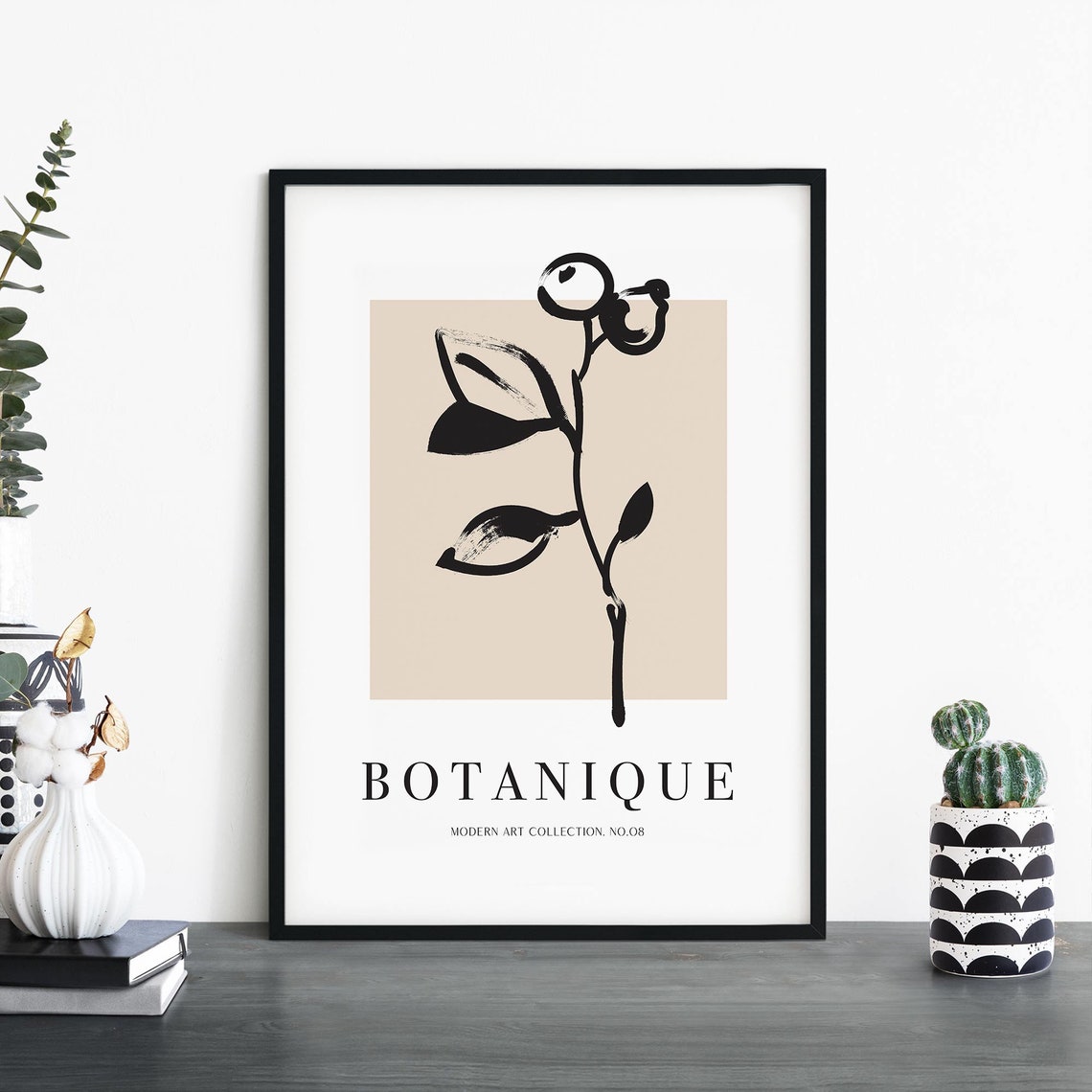 Botanique Ink Branch No 08 Minimalist Black Beige Art Poster