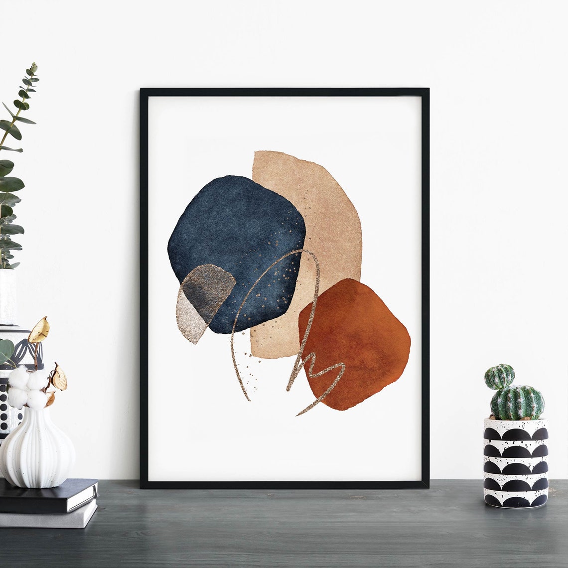 Abstract Organic Shapes In Navy Terracotta And Gold Modern Art Poster