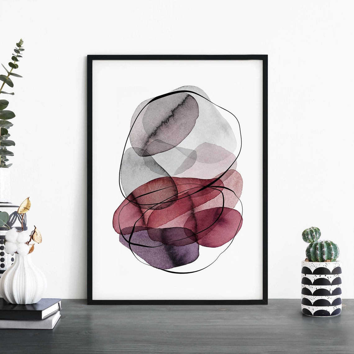 Abstract Watercolor Pebble Shapes Grey Mauve Modern Gallery Poster