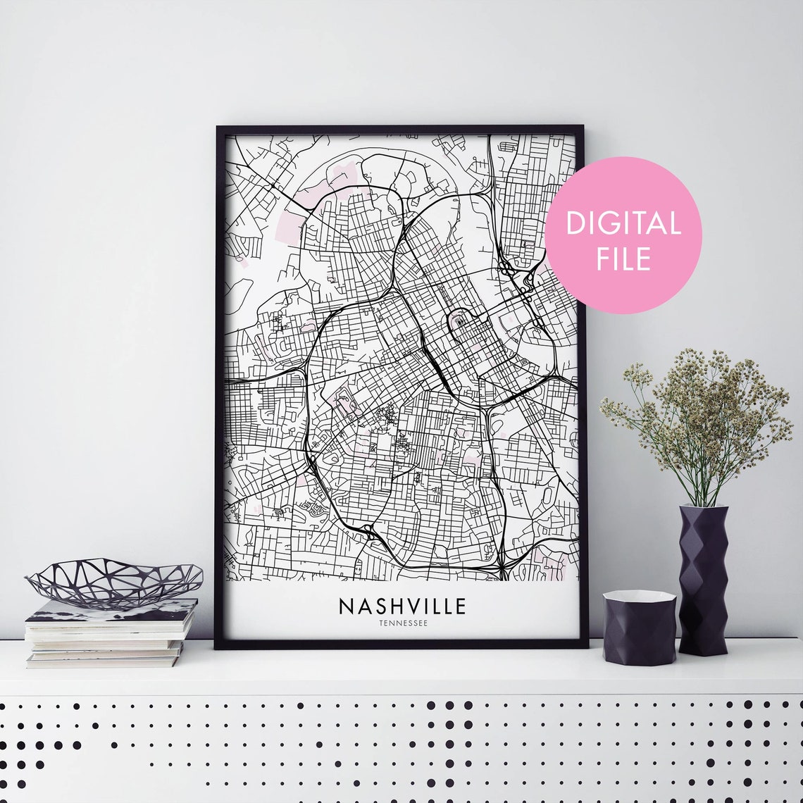 Nashville Tennessee Black White Street Map Modern City Poster