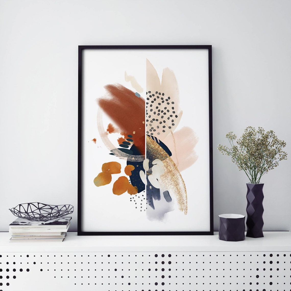 Abstract Terracotta Navy Gold Watercolor Brushstrokes Poster