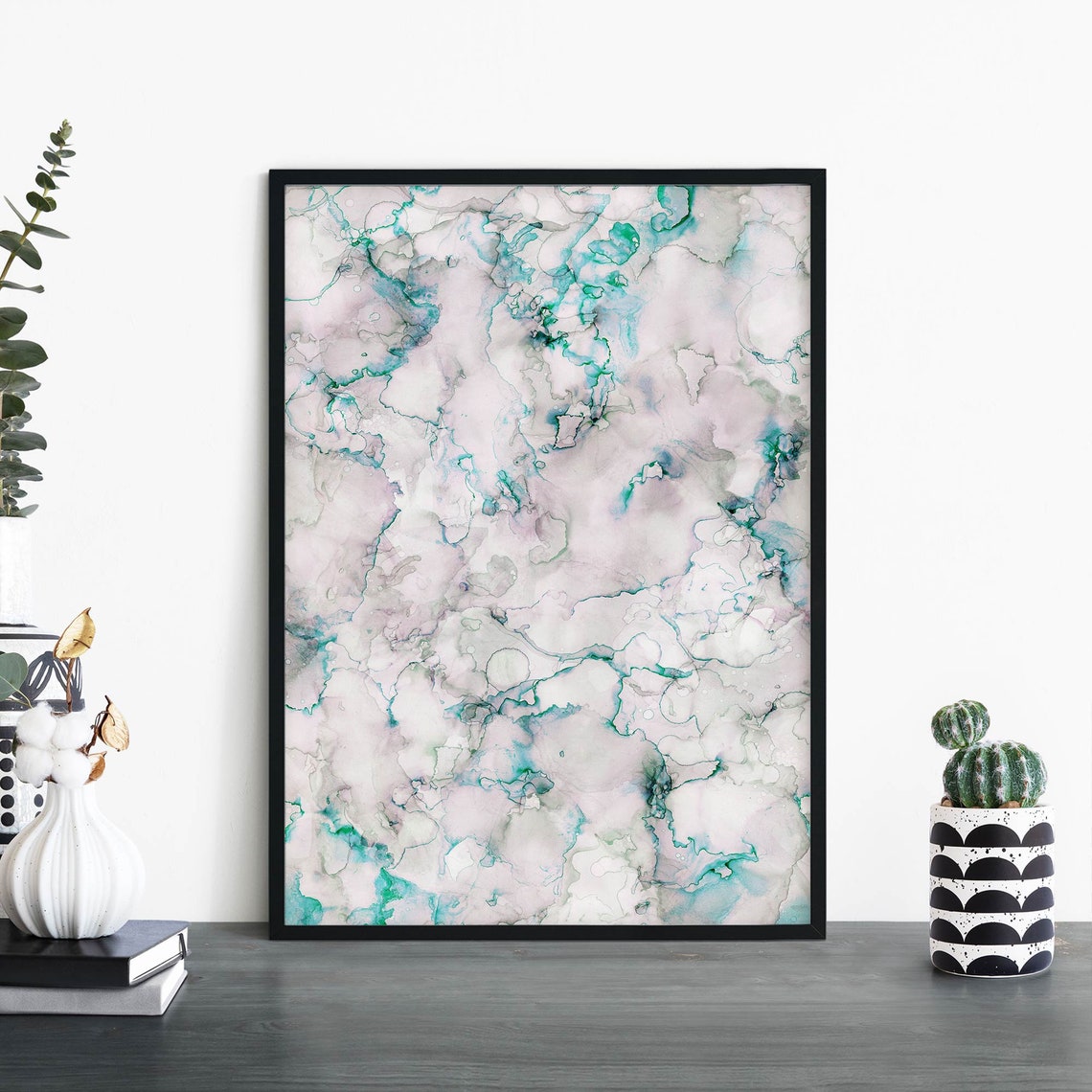 Teal Green Marbled Ink Watercolor Abstract Minimalist Art Print