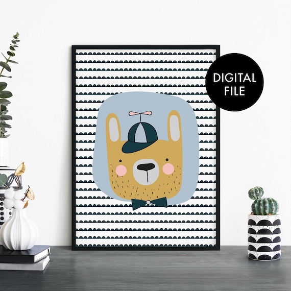 Cute Cartoon Bear Cap Bow Tie Digital File Kids Nursery Poster