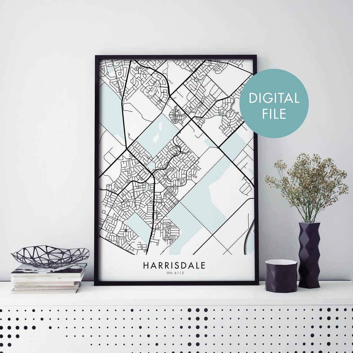Harrisdale Perth WA Street Map Poster in Black White and Teal