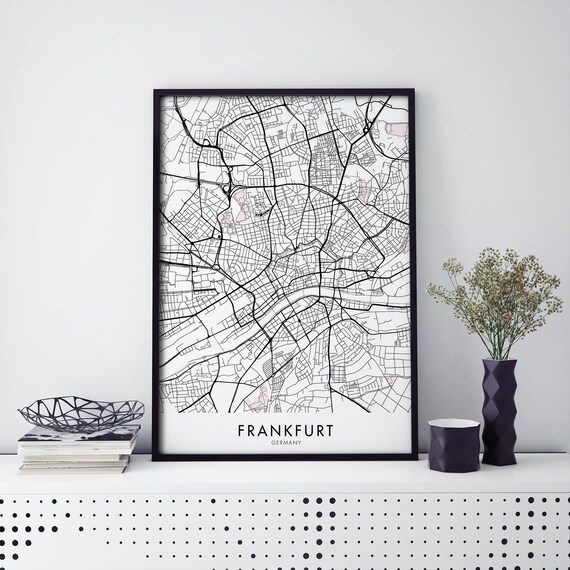 Frankfurt Germany Black Line Street Map Modern Travel Poster