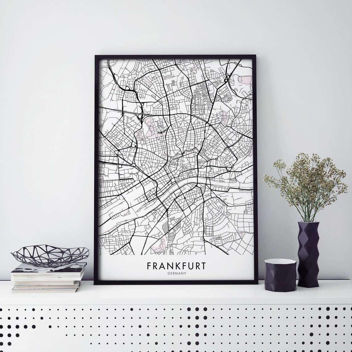 Frankfurt Germany Black Line Street Map Modern Travel Poster