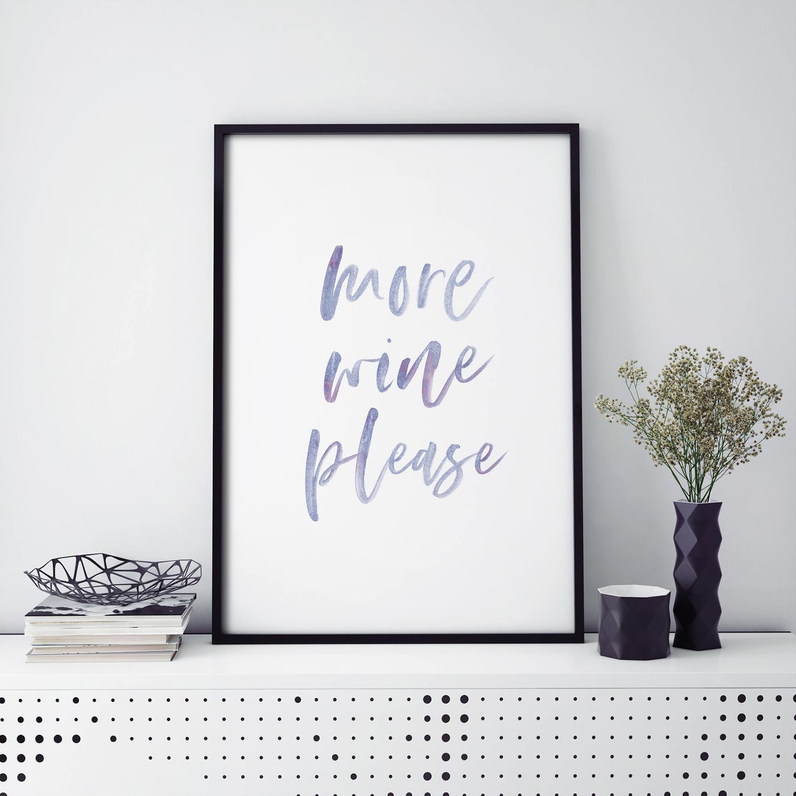 More Wine Please Purple Grey Watercolor Script Fun Gift Poster