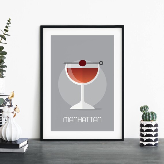 Manhattan Cocktail Minimalist Grey Drink Illustration Wall Art