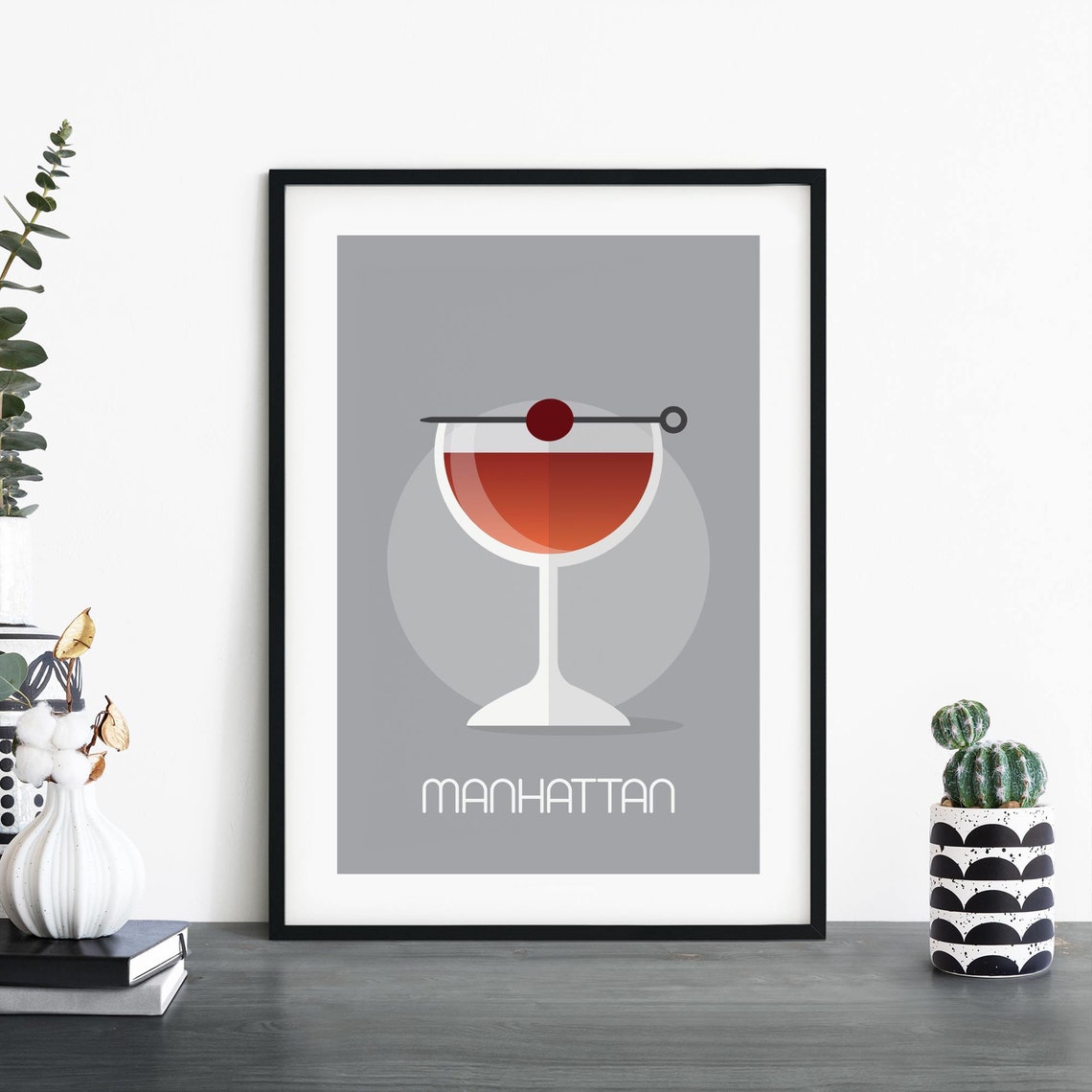 Manhattan Cocktail Minimalist Grey Drink Illustration Wall Art