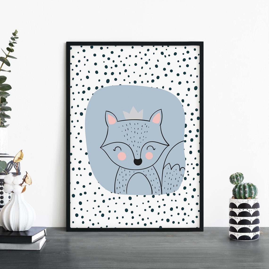 Cute Sleeping Fox Polka Dot Scandinavian Kids Nursery Art Print