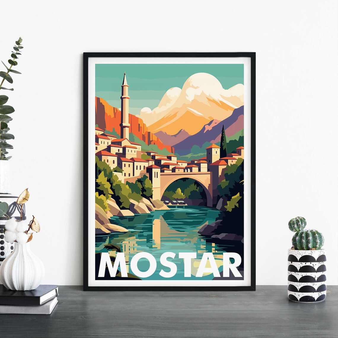 Mostar Bosnia Old Bridge Neretva River Mountains Travel Poster