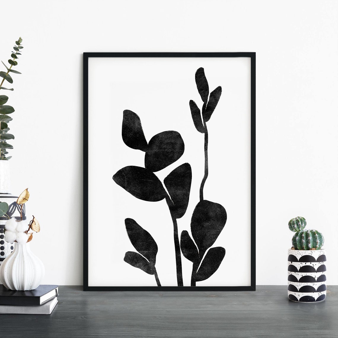 Black Botanical Leaf Stems Minimalist Ink Silhouette Artwork Poster