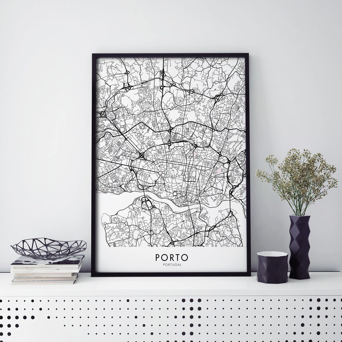 Porto Portugal Classic Black and White City Street Map Poster