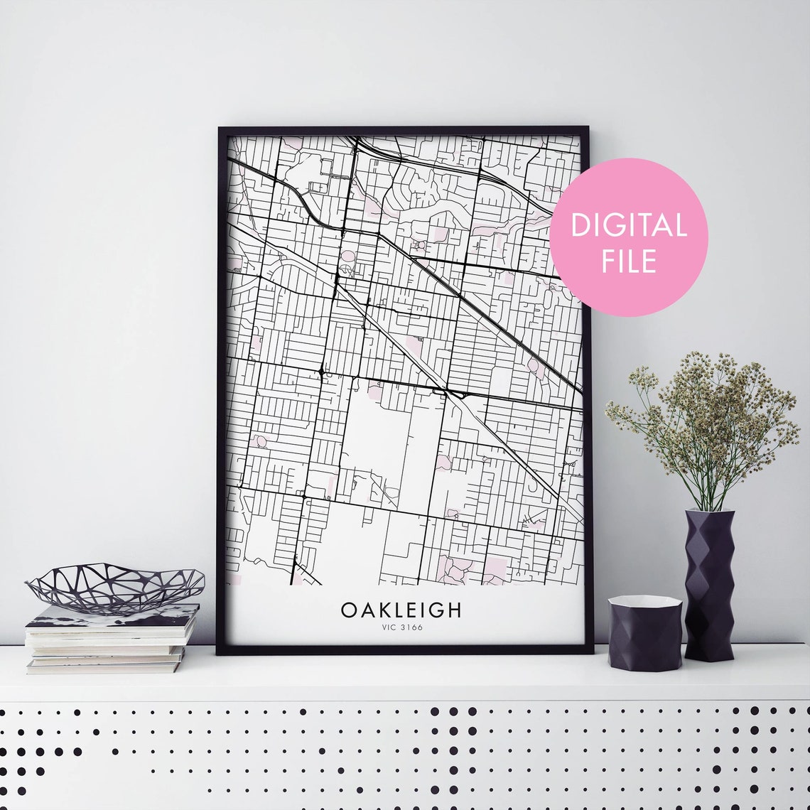 Oakleigh VIC 3166 Minimalist City Map Poster Black Line Digital