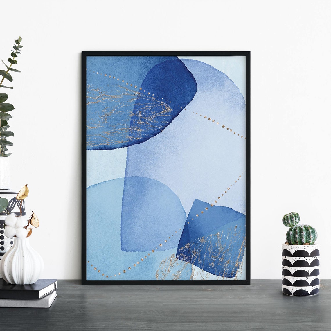 Blue Watercolor Abstract With Gold Accents Modern Wall Poster