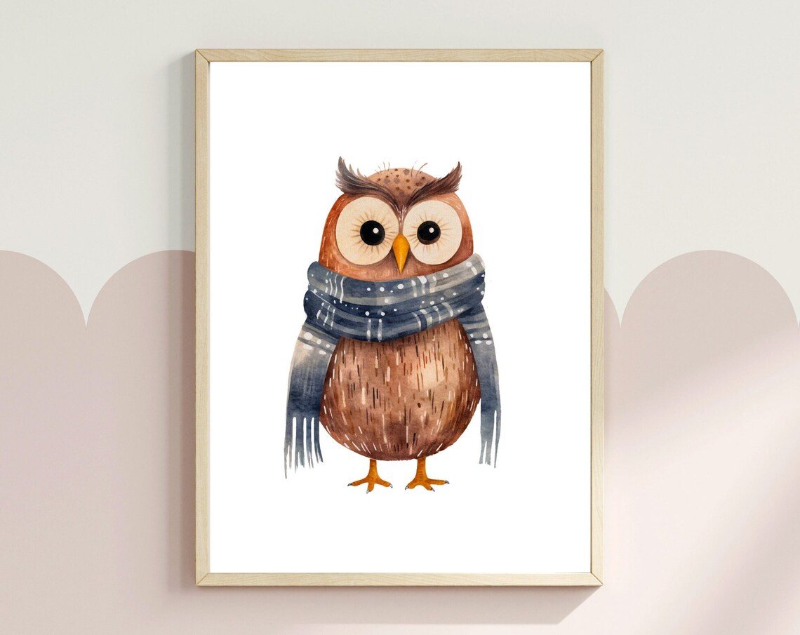 Cute Brown Owl Wearing Blue Scarf Watercolor Winter Nursery Poster