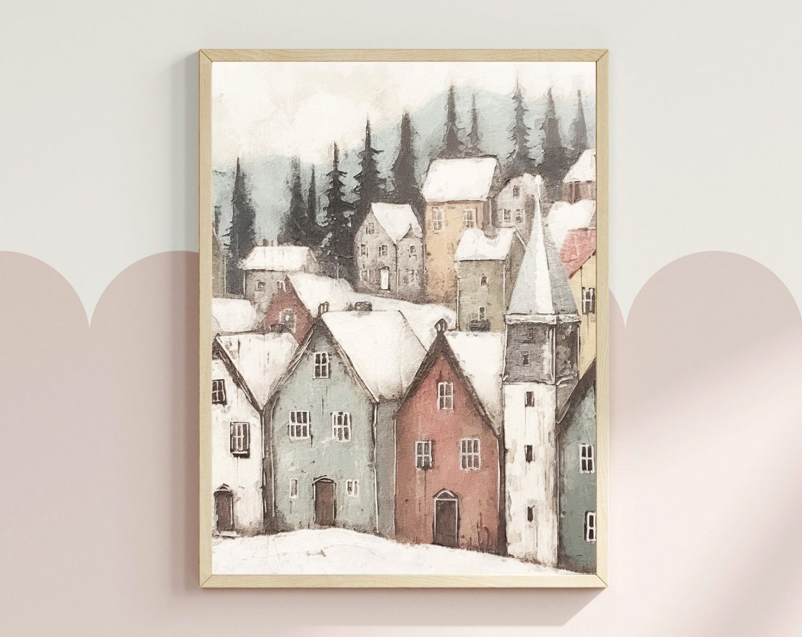 Snowy Winter Town Print Christmas Village Art Print Scandinavian Holiday Decor Winter Nursery Art Living Room Cityscape Decor