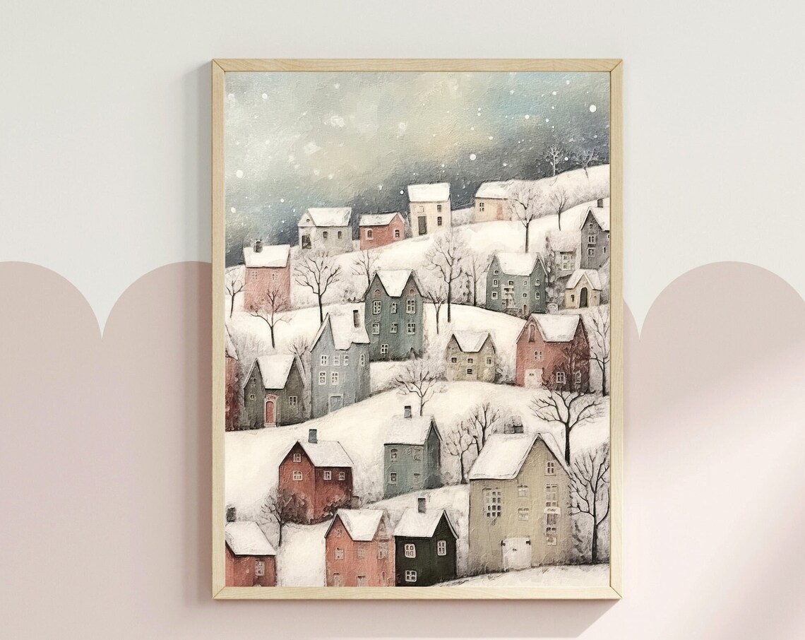 Winter Village Landscape Art Print, Scandinavian Holiday