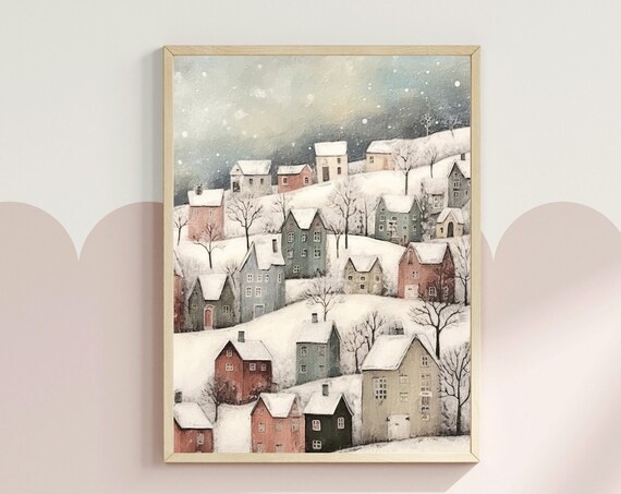 Winter Village Landscape Art Print, Scandinavian Holiday