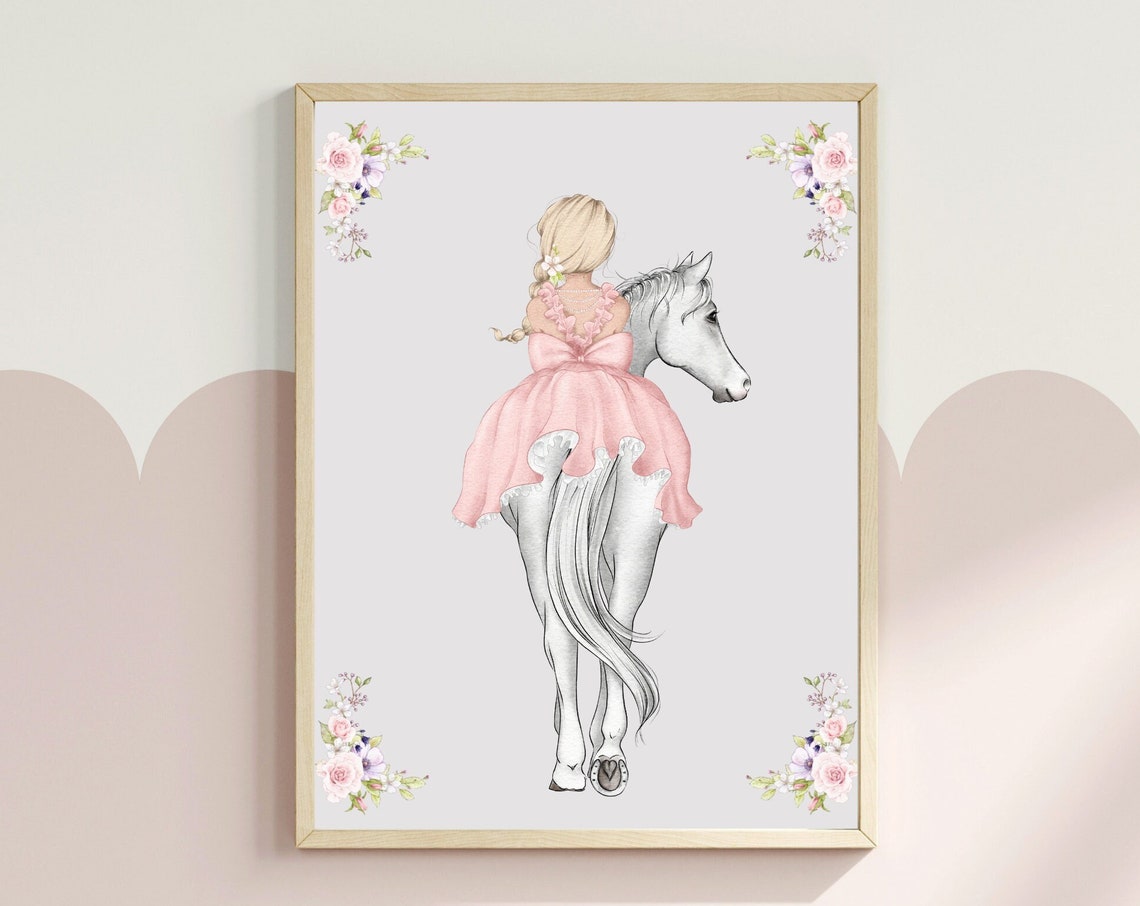 Girl And Horse Wall Art Fairytale Princess Art Pink Girls Room Decor Watercolour Horse Nursery Print Instant