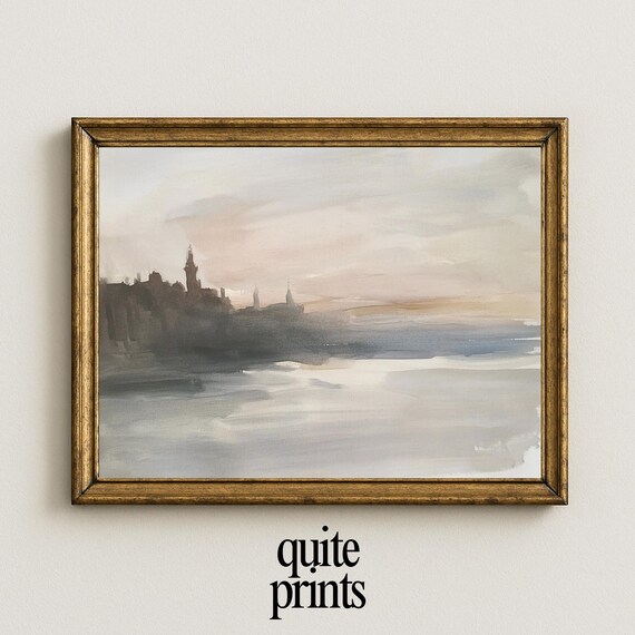 Coastal City Silhouette Watercolor Dusk Harbor Pastel Waterfront Poster