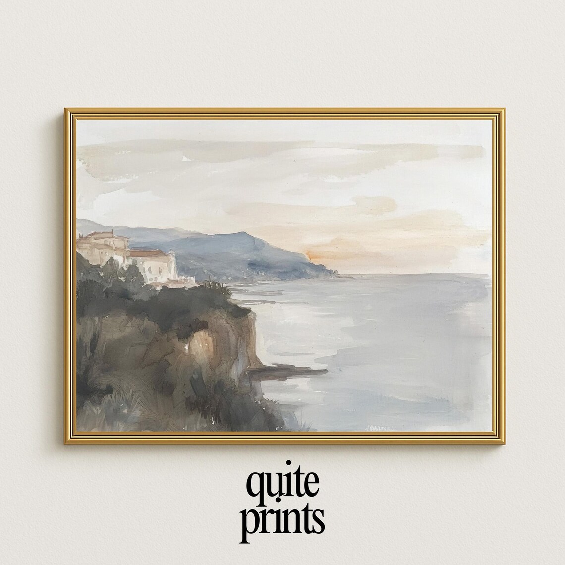 Coastal Cliffside Villa Watercolor Sunset Mediterranean Sea View Poster