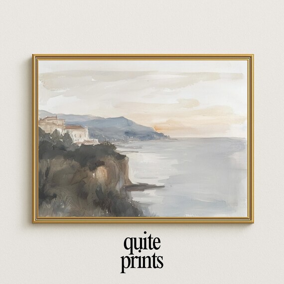 Coastal Cliffside Villa Watercolor Sunset Mediterranean Sea View Poster