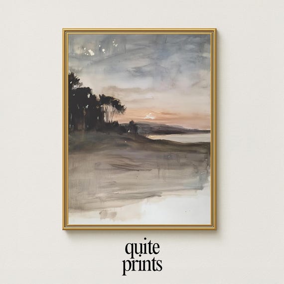 Dusky Shoreline Wall Art Coastal Landscape Moody Beach Sunset Natureinspired Watercolor Print