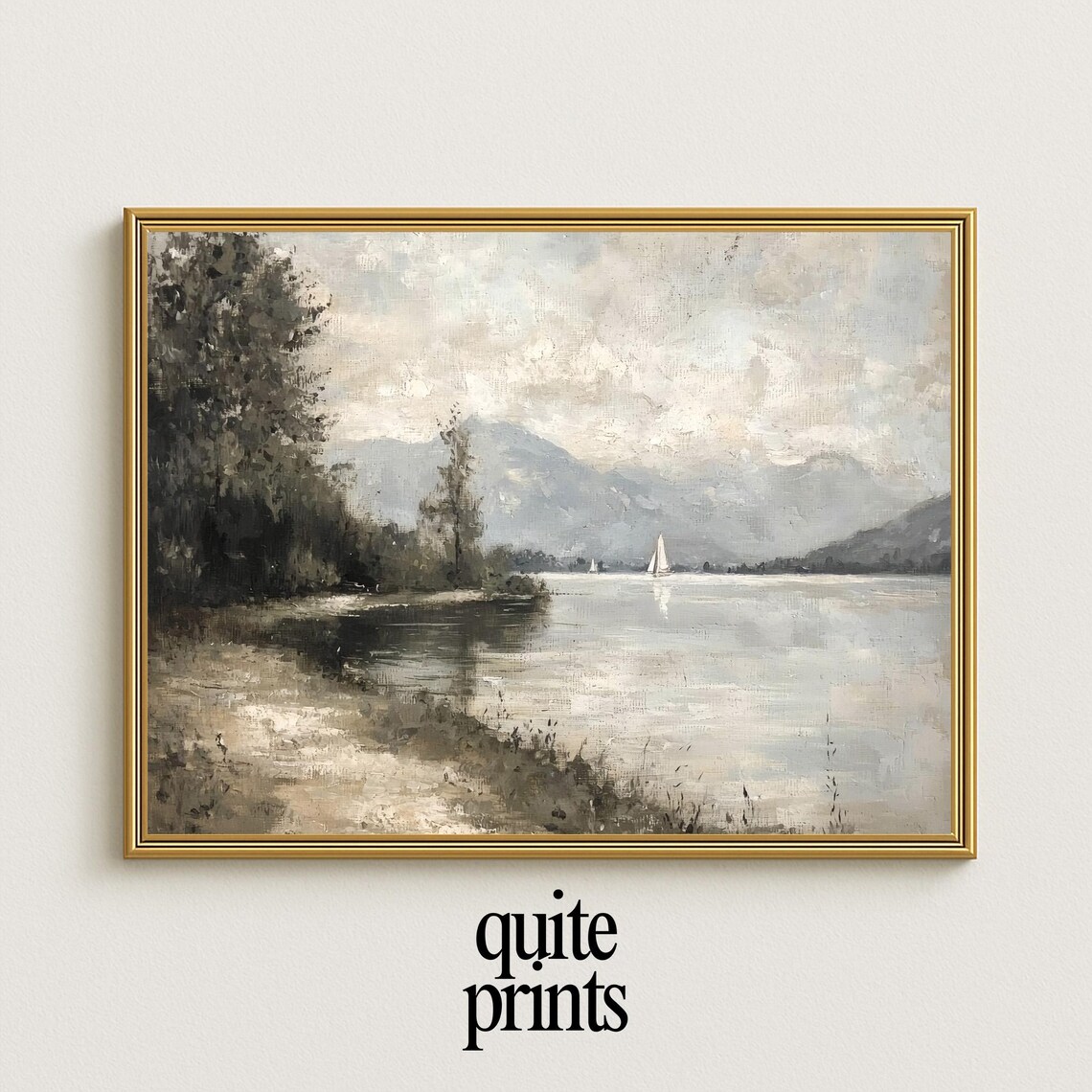 Serene Mountain Lake Painting Sailboats Misty Hills Neutral Poster