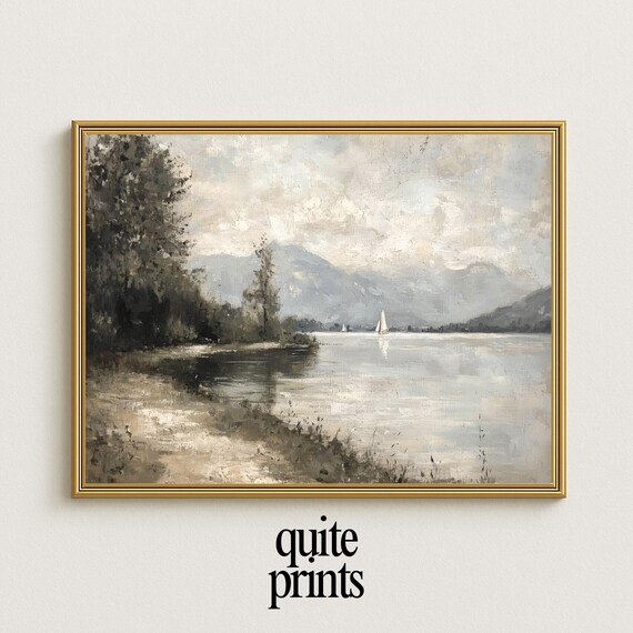 Serene Mountain Lake Painting Sailboats Misty Hills Neutral Poster
