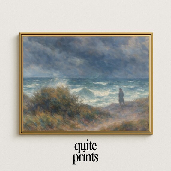 Stormy Coast Crashing Waves Lone Figure Dark Clouds Dramatic Seascape Poster