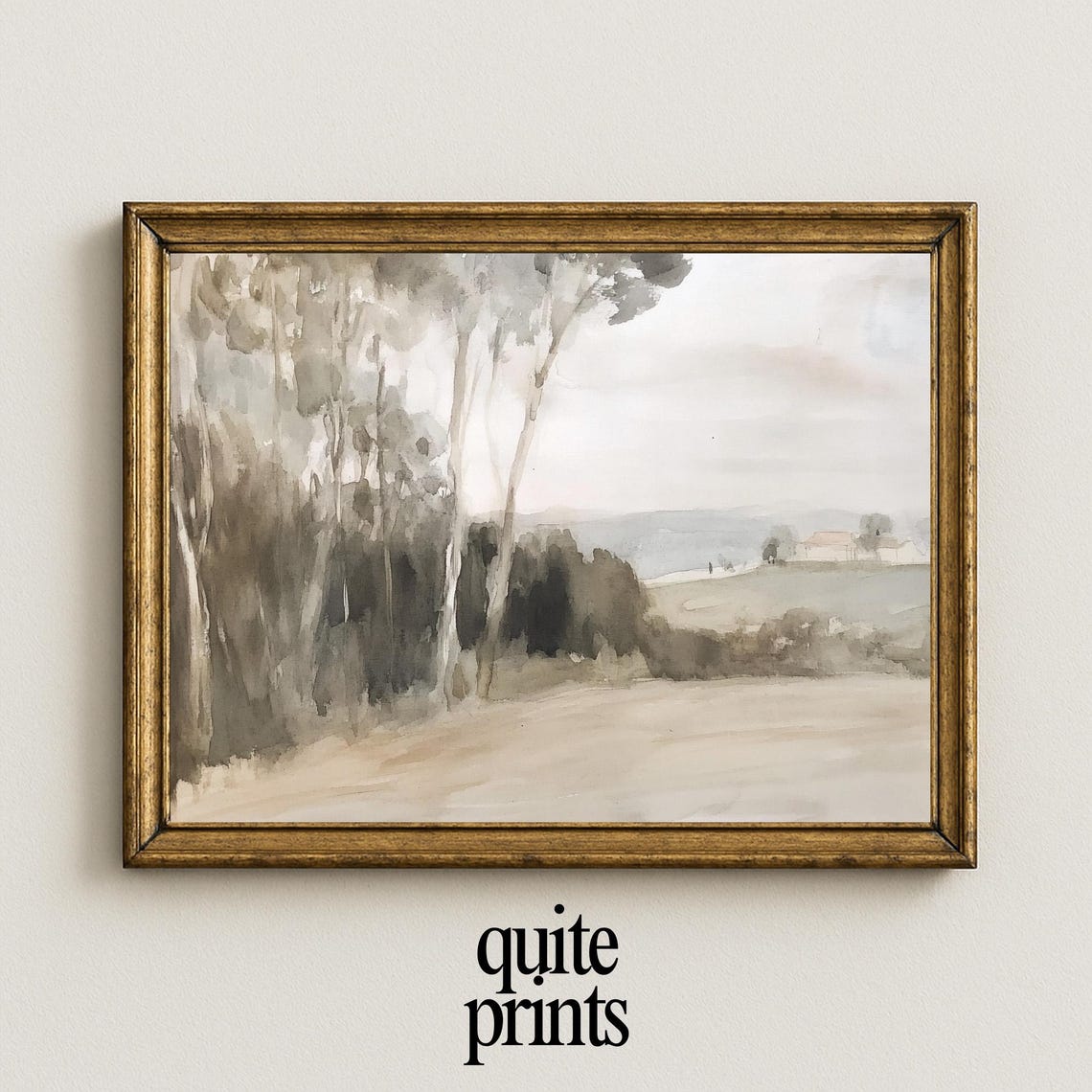 Serene Countryside Landscape Print Soft Neutral Trees Wall Art Rustic Nature Scene