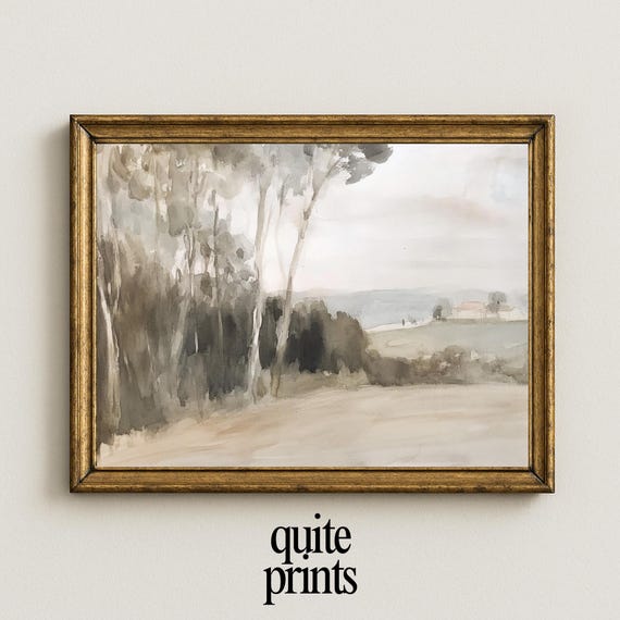 Serene Countryside Landscape Print Soft Neutral Trees Wall Art Rustic Nature Scene