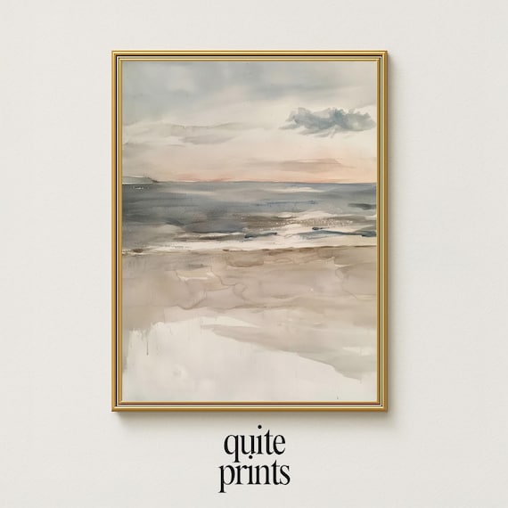 Pastel Beach Sunset Watercolor Blush Sky Calm Ocean Coastal Scene Poster