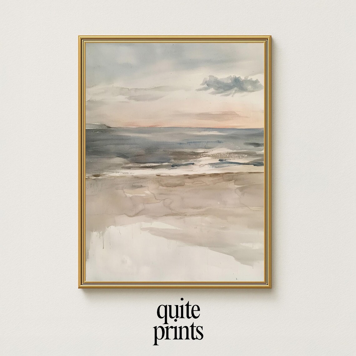 Pastel Beach Sunset Watercolor Blush Sky Calm Ocean Coastal Scene Poster