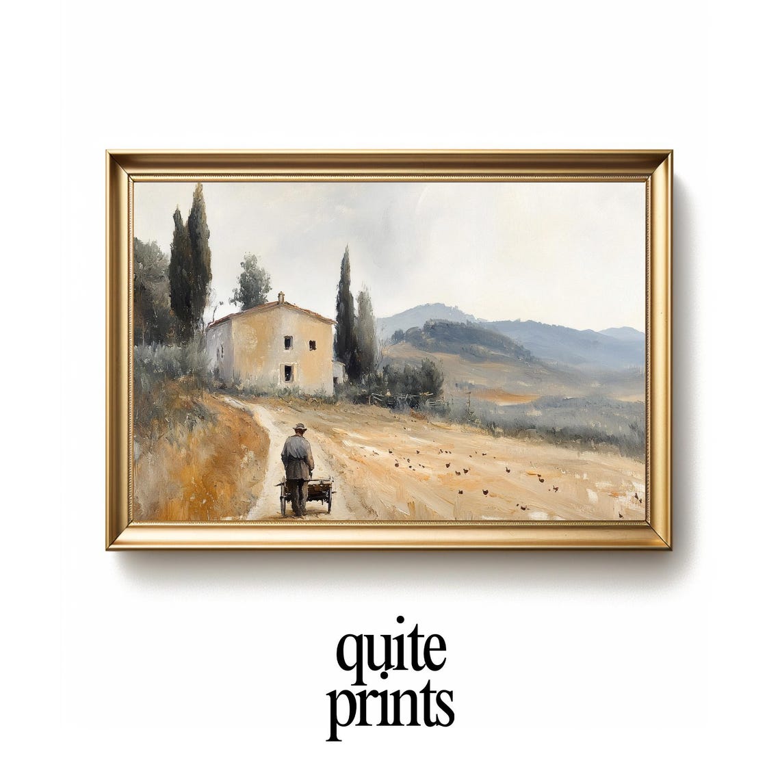 Tuscan Farmhouse Cypress Trees Man with Wheelbarrow Rustic Wall Art