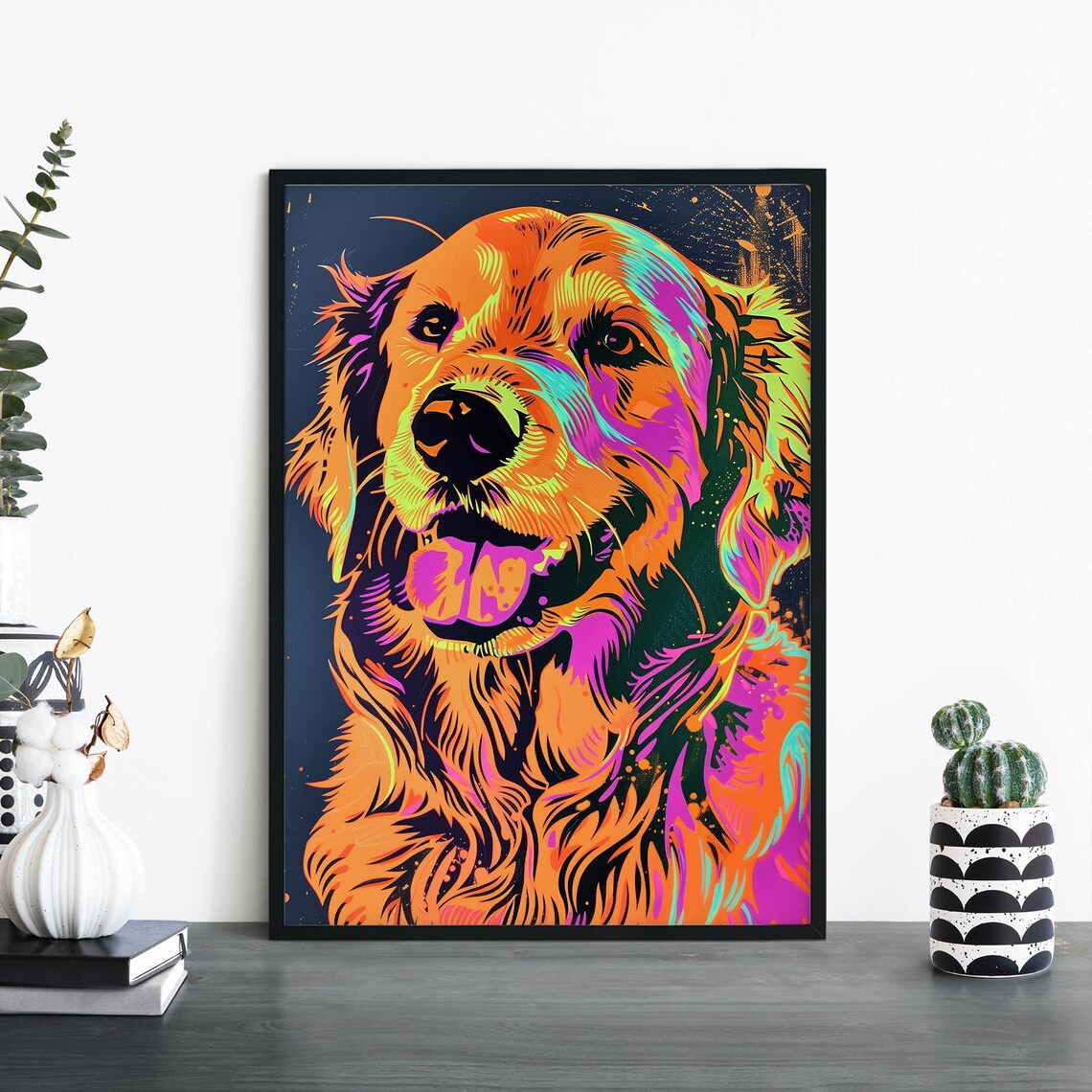 Neon Golden Retriever Pop Art Colorful Dog Portrait Wall Poster