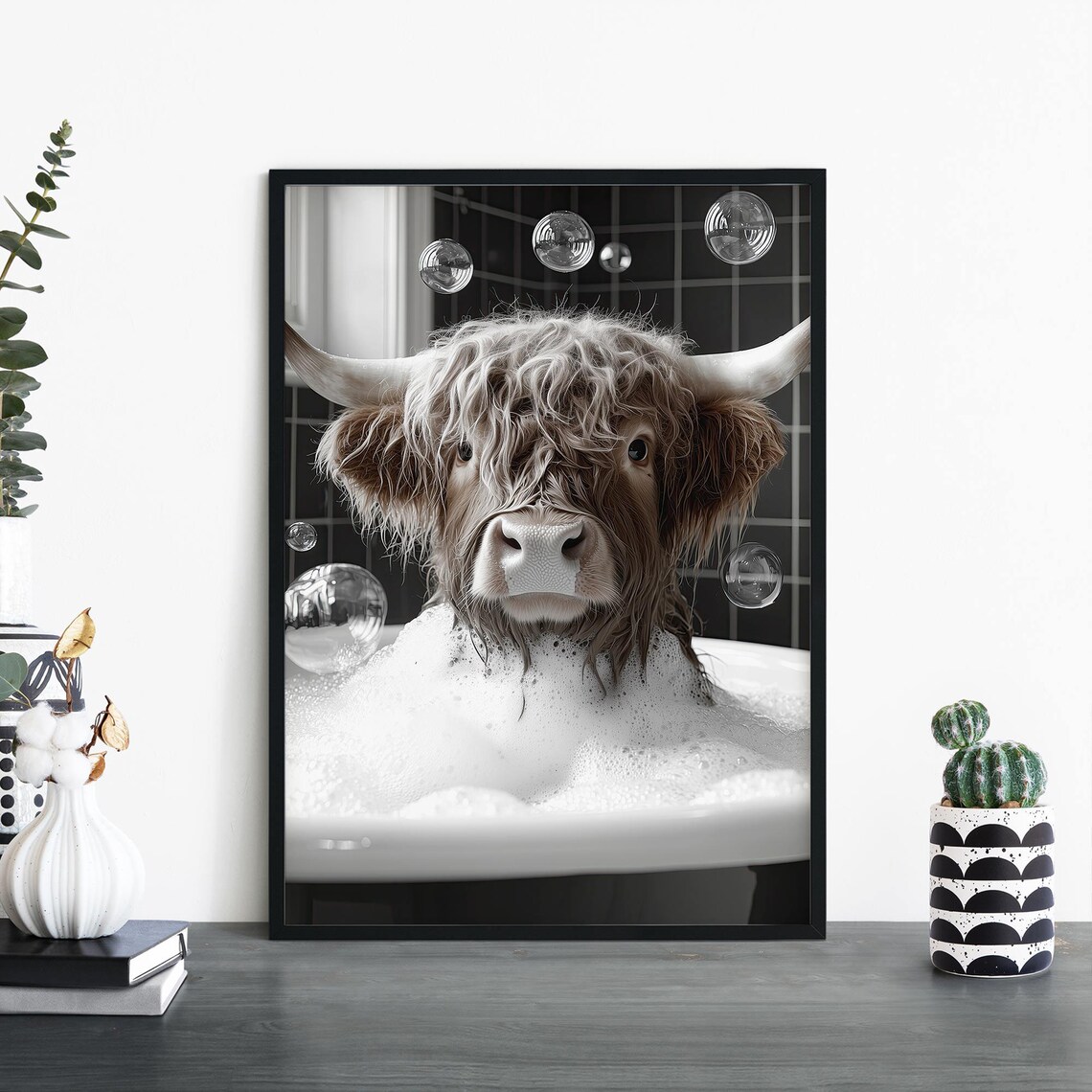 Bubbly Highland Cow in Bubble Bathtub Funny Animal Photo Poster