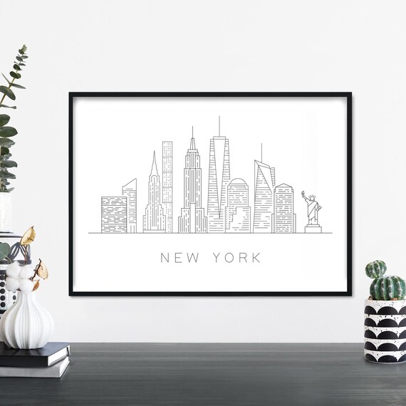 New York City Skyline Linear Illustration Print Wall Art 4x6 5x7 A4 A3 A2 A1
