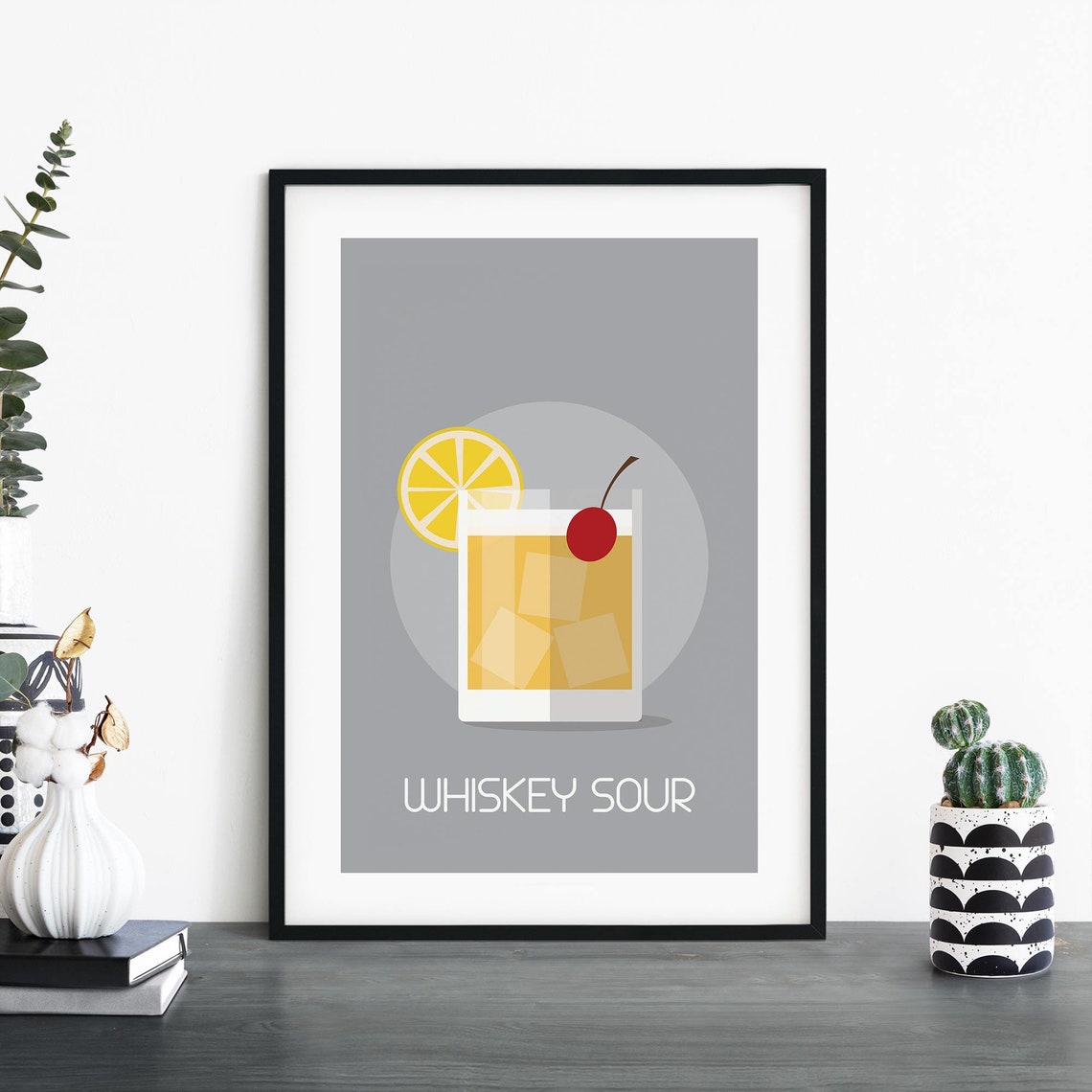 Whiskey Sour Classic Cocktail Illustration Minimalist Gray Bar Poster