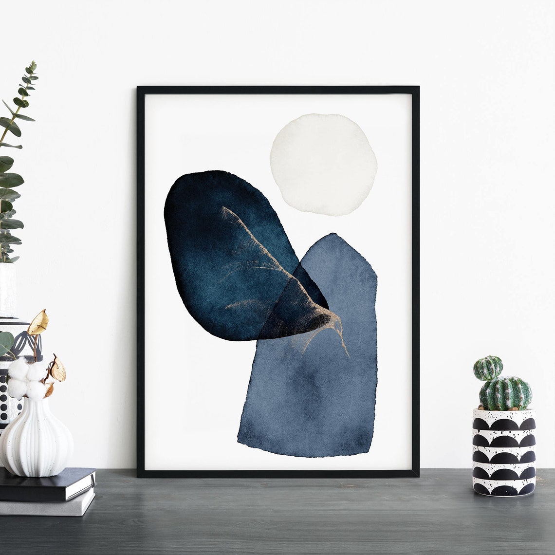 Navy Abstract Watercolor With Ivory Moon Circle Modern Wall Art