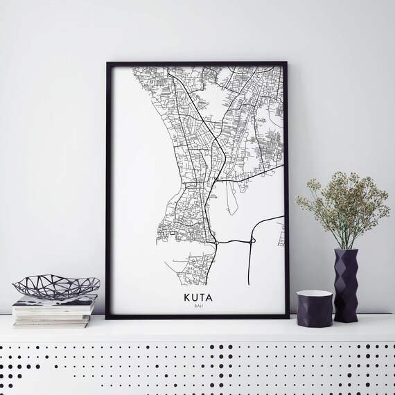 Kuta Bali Indonesia Street Map Poster Minimalist Black White Art