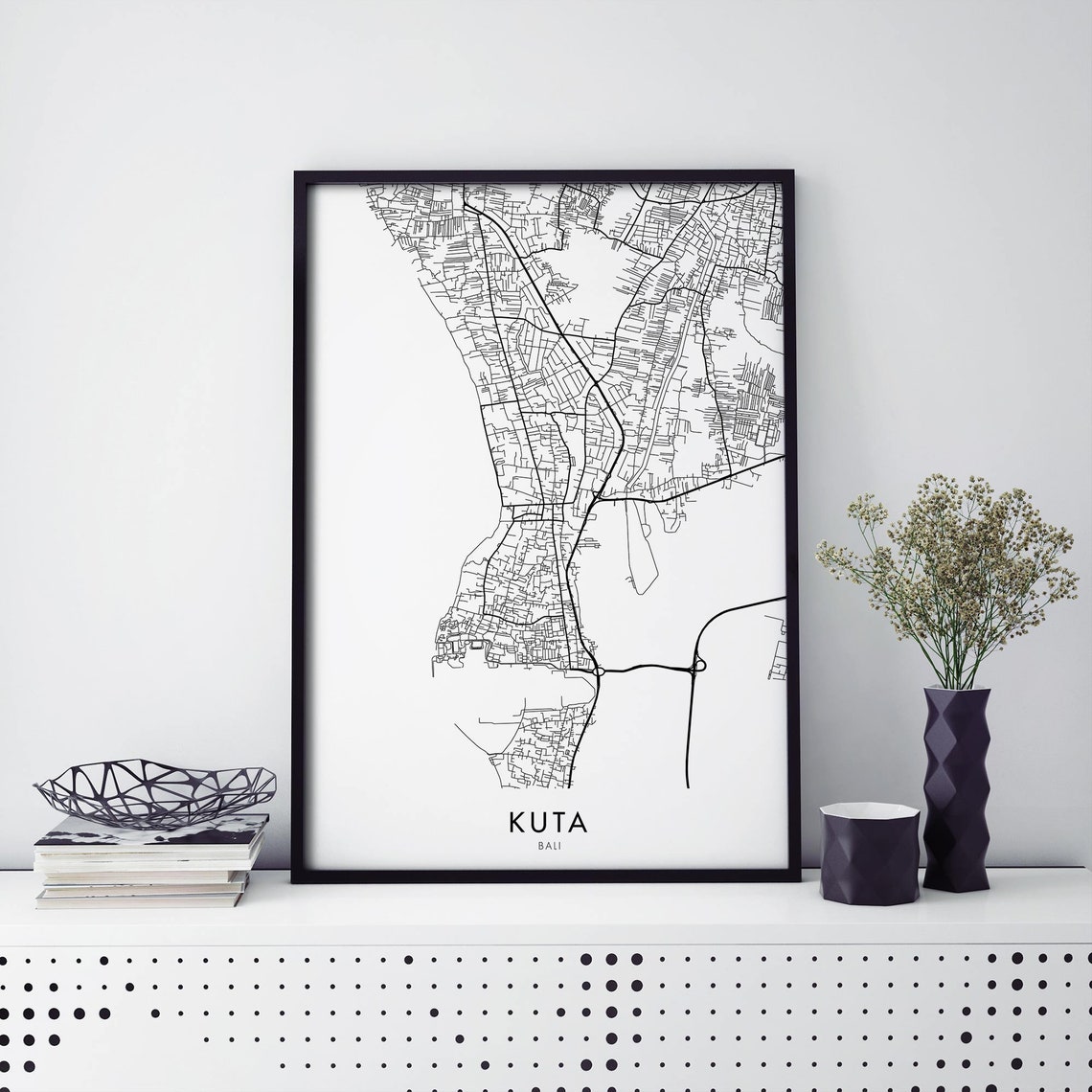 Kuta Bali Indonesia Street Map Poster Minimalist Black White Art