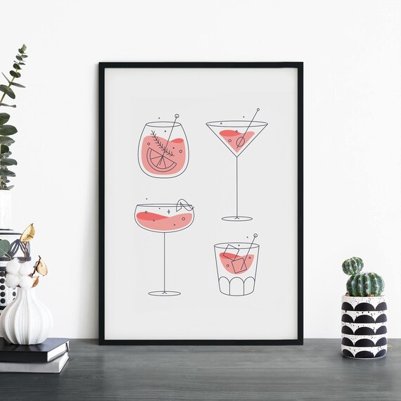 Rosé Cocktail Quartet Martini Coupe Stemless Wine Line Poster