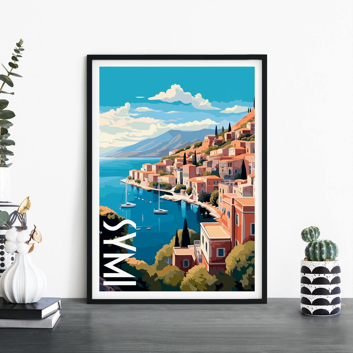 Symi Greece Colorful Harbor Town Overlooking Turquoise Bay Poster