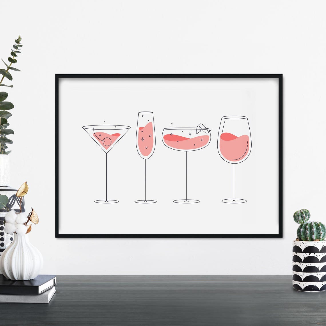 Rosé Bar Glasses Martini Champagne Coupe Minimal Line Art Poster