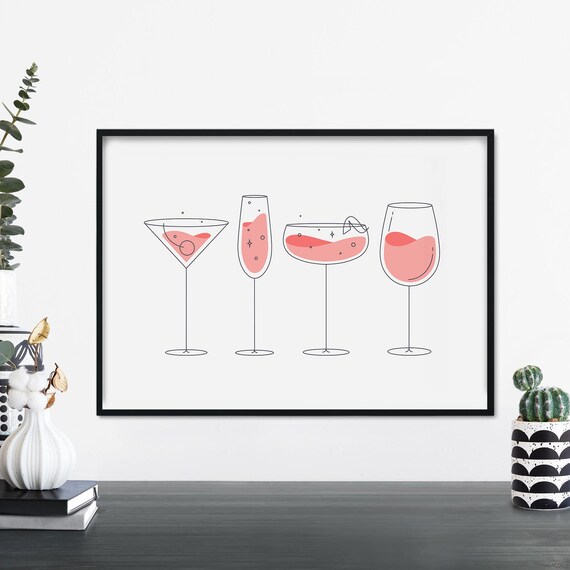Rosé Bar Glasses Martini Champagne Coupe Minimal Line Art Poster
