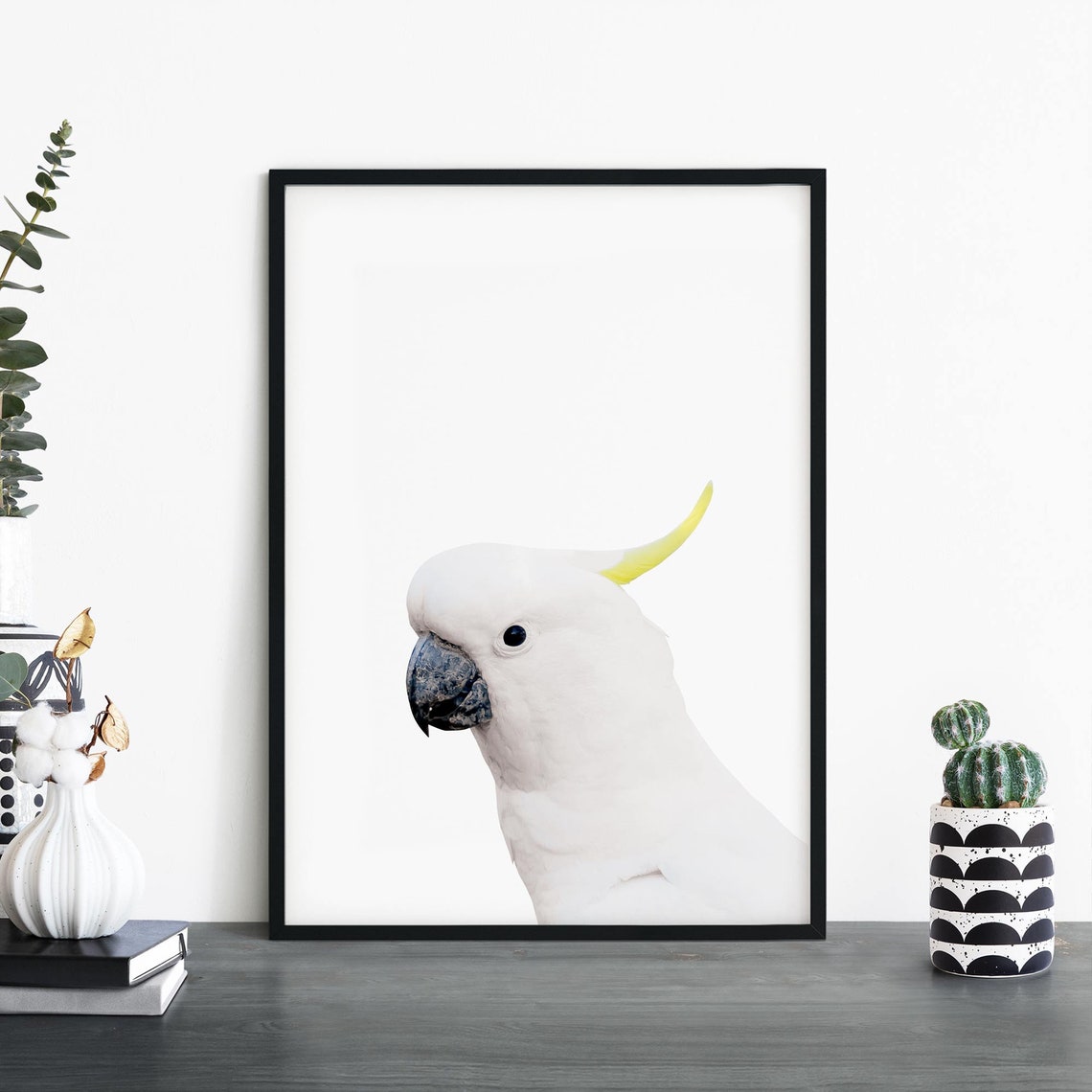 White Cockatoo with Yellow Crest Feather Bird Portrait Art Print
