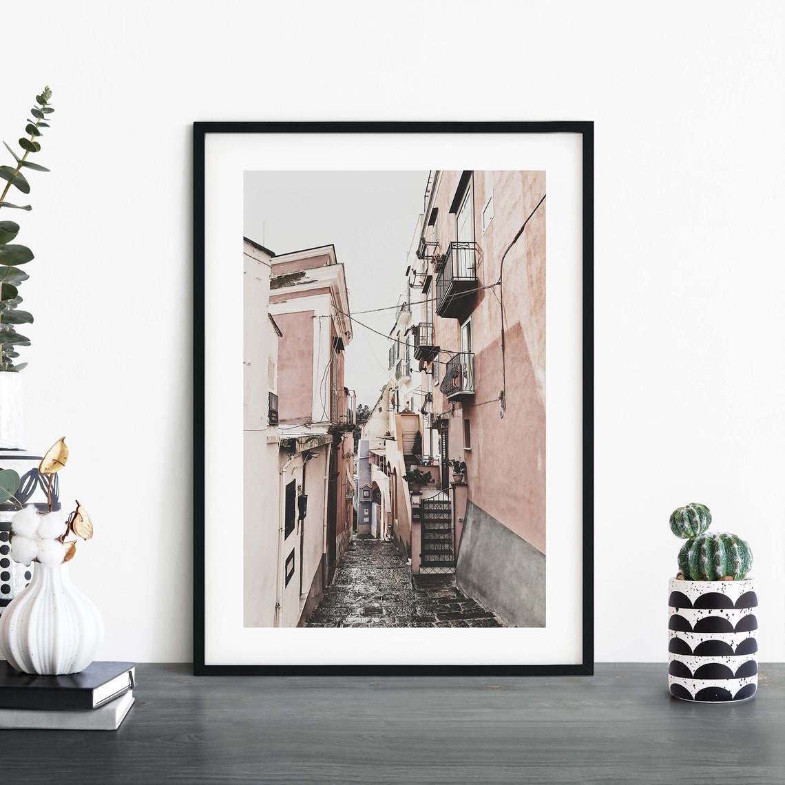 Pastel Pink Cobblestone Alley Mediterranean Street Photo Poster