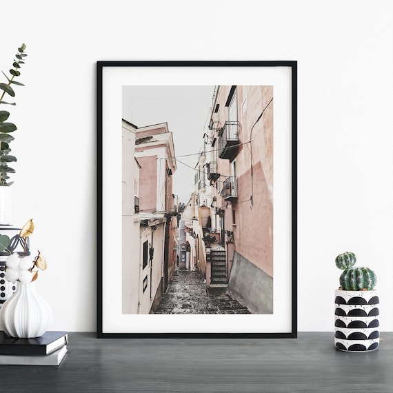 Pastel Pink Cobblestone Alley Mediterranean Street Photo Poster
